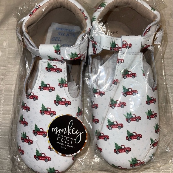 Monkey Feet Kids Moccasins - White with Red and Green Truck Design - Picture 1 of 8